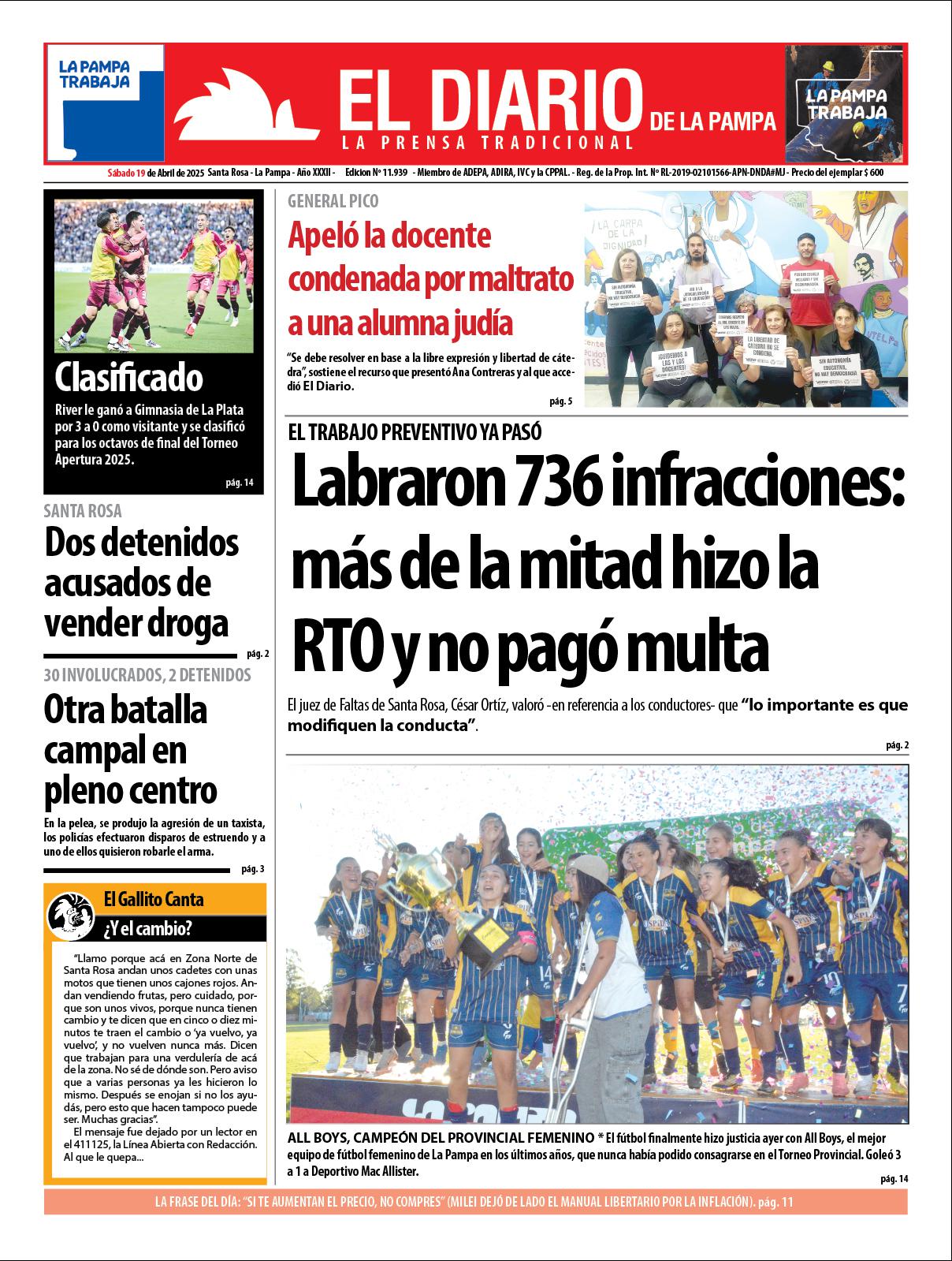 Tapa de El Diario en papel  saacutebado 19 de abril de 2025